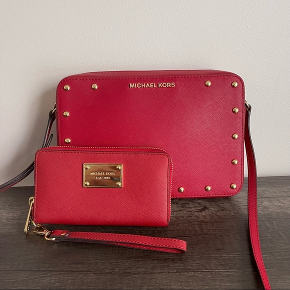 Michael Kors Handbags - LAST PRICE DROP BEFORE RELISTING Michael Kors Red Studded Crossbody+Wallet (Set)
